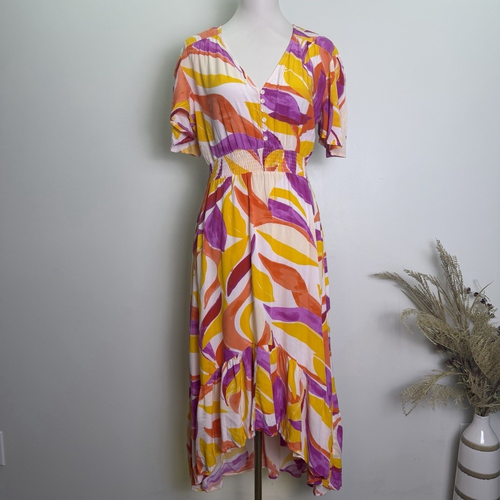 Abel the Label Anthropologie Swish Hi Lo Dress Size Medium Orange Pink Smocking